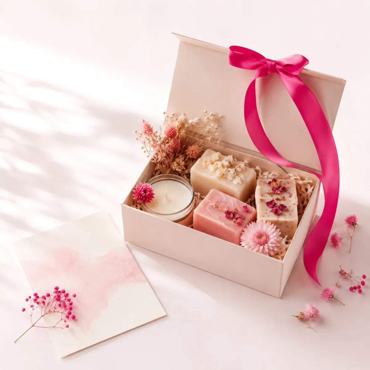An open gift box with handmade soaps, a candle and dried flowers
